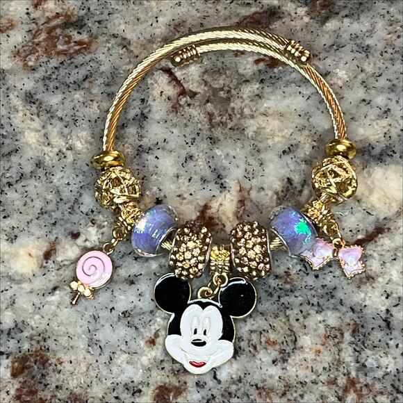 Fashion Jewelry Mickey Mouse Bangle Charm Bracelet Gold Plated Multicolored - Picture 3 of 5